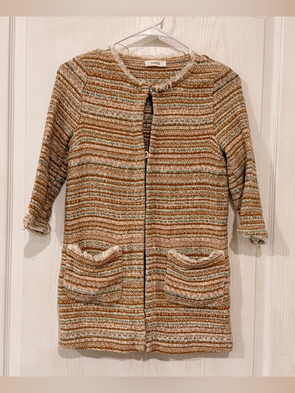 Nanà  Striped Tweed Hook Front Cardigan - Brown & Cream